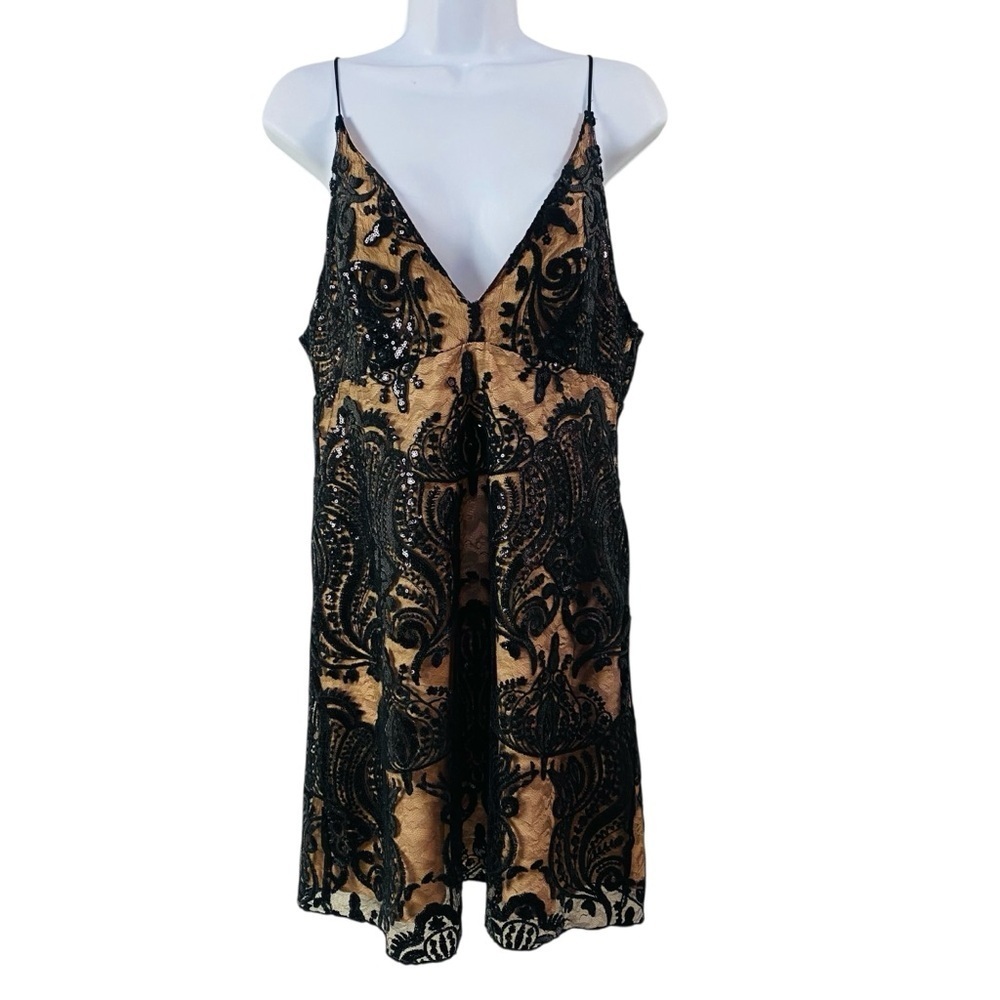 Free People Black Night Shimmers Sequin Lace Overlay Dress Size 8 - Picture 2 of 9